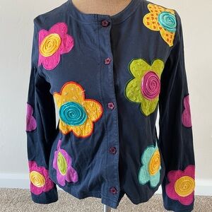 Michael Simon Light Floral Appliqué Cardigan Small 100% Cotton Y2K Artwear